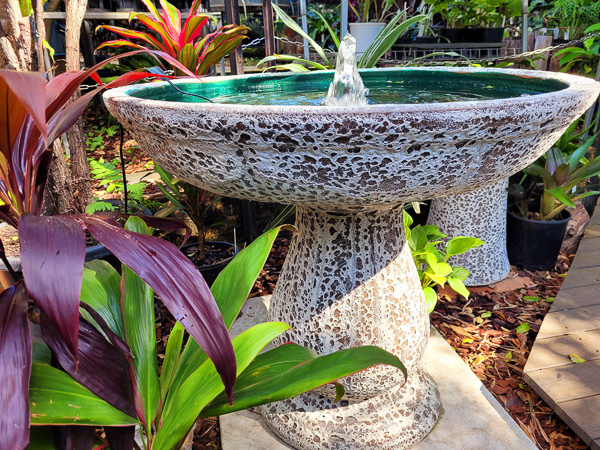 A large water fountain for birds to bathe in